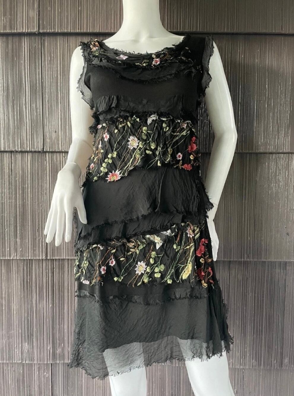Made In Italy Silk Floral Embroider Fringe Tiered Dress Whimsigoth Fairy Grunge